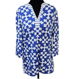 Sailor Sailor Blue White Geometric Tunic Blouse M 3/4 Sleeve Nautical USA